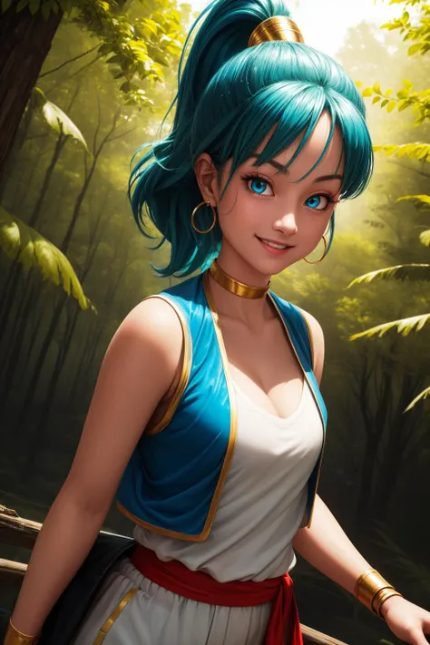 bulma, 1girl, solo, blue eyes, blue hair, aqua hair, bangs, high ponytail, earrings,
arabian clothes, white shirt, blue vest, white pants, baggy pants, red sash, bare shoulders, sleeveless, cleavage, yellow choker, wristband, neck ring,
smile,closed mouth,...