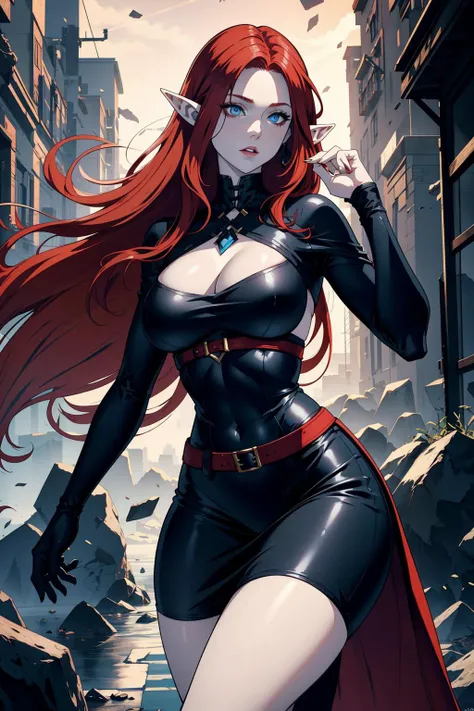 pale skin elf, red hair, blue eyes, wearing black clothing, medium boobs, thick thighs