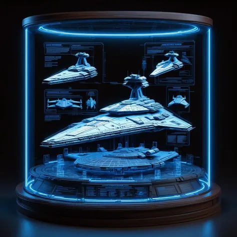 a star wars ship in a glass case with a blue light