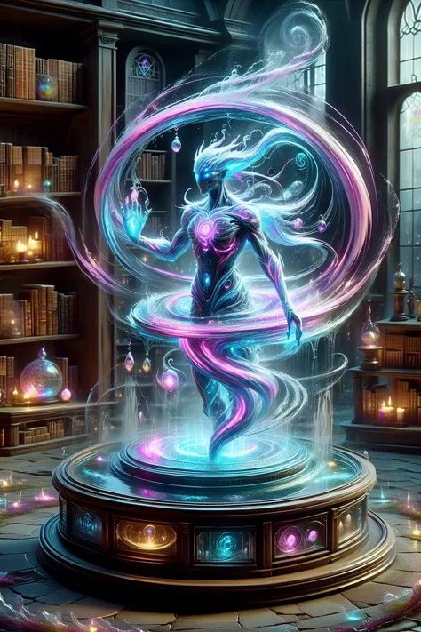 a woman in a library surrounded by books and a glowing orb