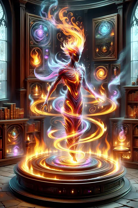 a woman in a red dress standing on a circular platform surrounded by fire