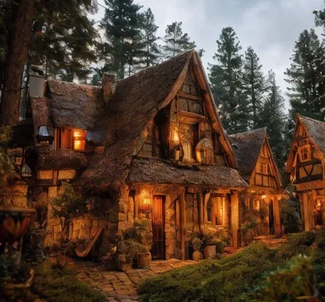 (masterpiece:1.2), (best quality,:1.2), 8k, HDR, ultra detailed, ((photorealistic)), perfect anatomy, professional light, cinematic lighting, fashion photography, ambient lighting,<lora:detail_slider_v4:3>, a small group of medieval fantasy houses surround...