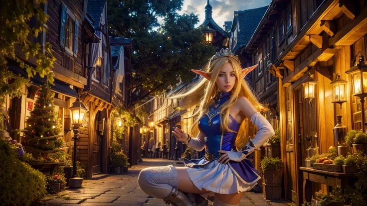 realistic analog photo, award winning photo,
<lora:FantasySettlement-10:0.75> fanse, populated alley, tavern, tree in  town square, AND
 <lora:NinaAslato:0.75> NinaAslato, 1girl, elf, pointy ears, blonde hair, long hair, purple eyes, jewelry, tiara, blue t...