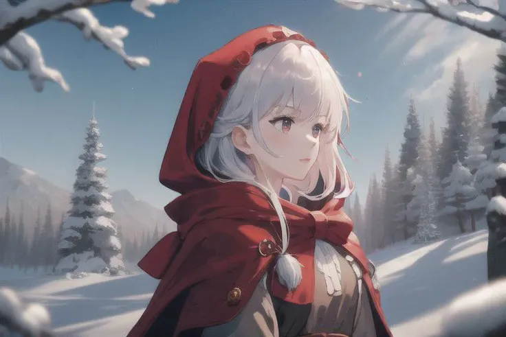 a woman in a red cape and a red hoodie stands in the snow