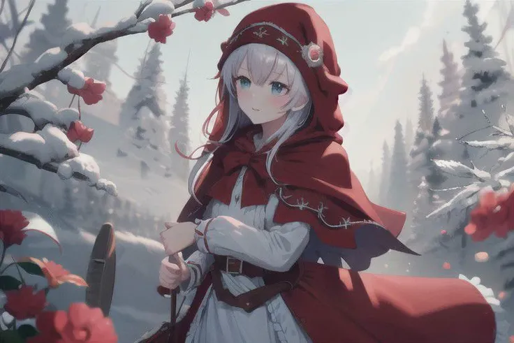 a woman in a red cape and white dress standing in a snowy forest