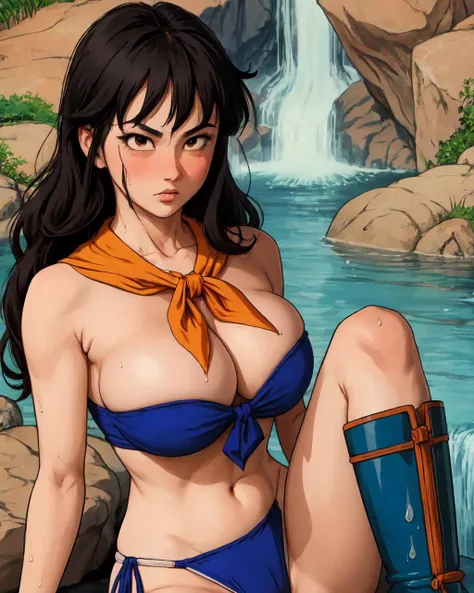 yamcha, black hair, black eyes,long hair, sidelocks,bangs, massive breasts, wearing strapless upside down bikini, ribbon, orange neckerchief,  blue boots, kanji, under a waterfall, wet skin, wet hair,  <lora:yamcha_v1_1:0.6> <lora:hamichichiB:1> skindentat...