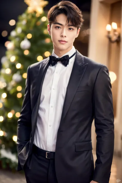 a man in a tuxedo and bow tie standing in front of a christmas tree