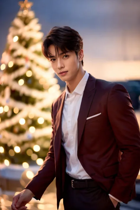 a man in a suit standing next to a christmas tree