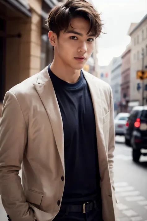 a man in a suit standing on a city street