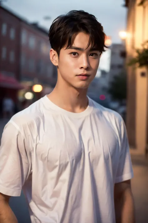 arafed man in white shirt standing on sidewalk in urban setting