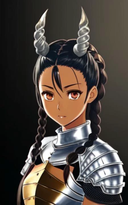 (((full body view))), (((dark tanned skin))), anime, (((female sajevtu))), (((sexy knight armor))), ((black braided ponytail hair)), front bangs, (((two symmetrical small silver twisted horns))), intricate patterns, by seunghee lee, Jang Tae-Hwan, Chocofin...