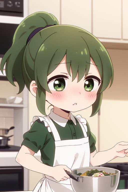 masterpiece, best quality,ultra detail, girl,petite,chibi,futaba igarashi, (green eyes:1.3), ponytail, green hair, medium hair, igarashi futaba (shiromanta), <lora:futaba igarashi s1-lora-nochekaiser:0.7>kitchen,green frilled apron,shy,blush,flat chest,coo...