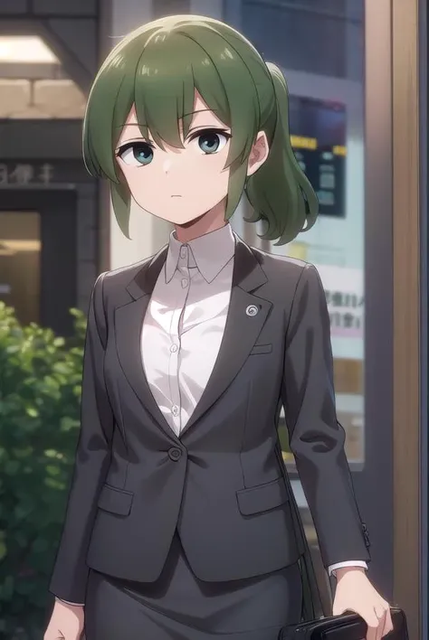 futabaigarashi, <lora:futaba igarashi s1-lora-nochekaiser:1>,
futaba igarashi, (green eyes:1.3), ponytail, green hair, medium hair, igarashi futaba (shiromanta),
BREAK skirt, shirt, jacket, collared shirt, coat, formal, suit, office lady, business suit, sk...