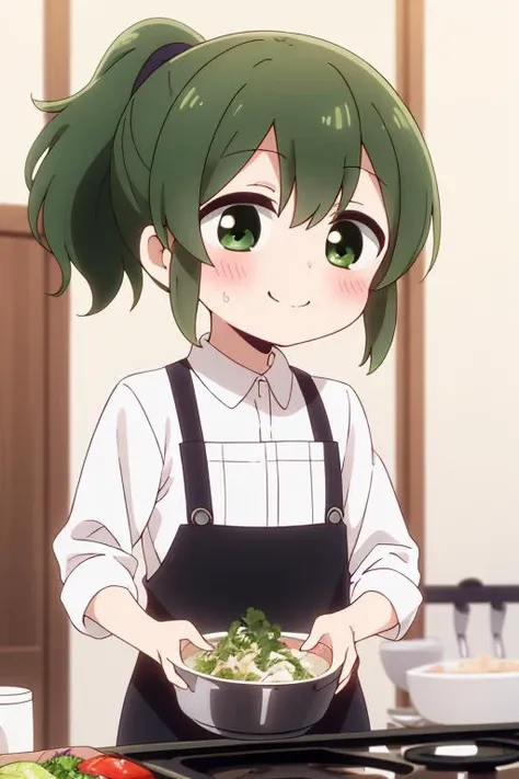 masterpiece, best quality,ultra detail, girl,petite,chibi,futaba igarashi, (green eyes:1.3), ponytail, green hair, medium hair, igarashi futaba (shiromanta), <lora:futaba igarashi s1-lora-nochekaiser:0.7>kitchen,shy,blush,flat chest,cooking,food,smile