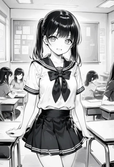 1girl, solo, teen (white sailor-fuku, short sleeve, black collar, deep gray skirt, dark gray neckerchief:1.5) (cute,sweet,bare face,big eyes,black hair:1.4) (smile:1.2) straight hear, medium hair, short tall, cowboy shot (in classroom, no other students, h...