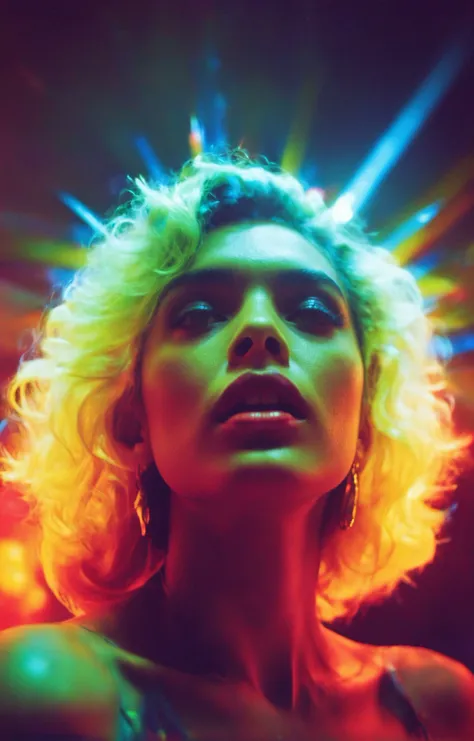 fashion photoshoot, shot by Ellen Von Unwerth, lomography, starburst filter, grainy film, head and shoulders shot of a stunning Panamanian woman with a hungry expression with fabulous makeup, light leaks, colorful lights, psychedelic, a hologram, holograph...