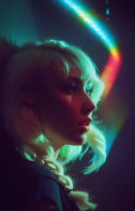 cinematic photo , lomography, starburst filter, grainy film, from the side of a beautiful  woman,  jade eyes, white fishtail braid, with fabulous makeup posing against a wall, light leaks, colorful lights, psychedelic, prism, prismatic, a hologram, hologra...