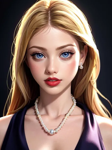 A beautiful m1ch3ll3t woman,1girl,solo,long hair,looking at viewer,blue eyes,simple background,blonde hair,white background,jewelry,parted lips,necklace,lips,makeup,lipstick,portrait,realistic,red lips,pearl necklace,soft lighting, professional Photography...