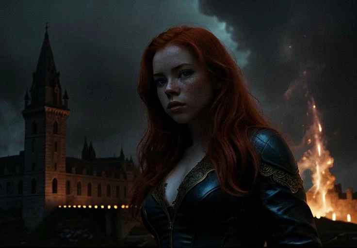 ginger, pale skin, blue eyes,casting a fireball, freckles, portrait, masterpiece, launching a large beam from his hand, castle in background,Big best quality, highly detailed, cinematic film, dramatic lighting shadow, nikon, high budget, hyper detailed, ex...