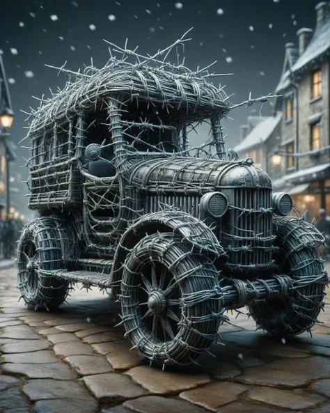 majestic, Insensitive Medieval [6 wheeled vehicle|Segway] of Haste, Hip-Hop background, Snowing, Detailed illustration, Flustered, Hackercore, Depth of field 270mm, Hypersaturated, <lora:ral-barbwire:1> ral-barbwire