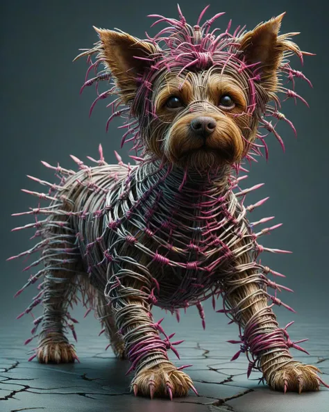 Cyberpunk Yorkshire Terrier with Safari skin, Panorama, detailed, masterpiece, deep pink details, <lora:ral-barbwire:1> ral-barbwire