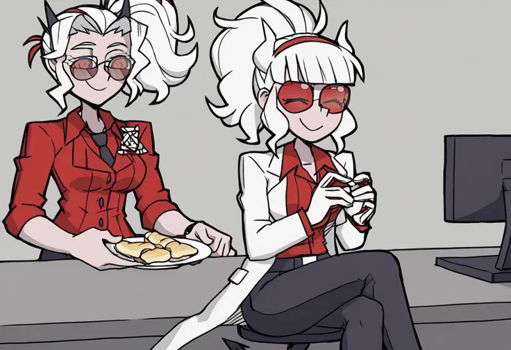 Duo, 2 girls, Helltaker style.
(Luciferdef, mole under eye, long hair, white horns, demon horns, maiden suit, badge, long sleeves, black necktie, white gloves, black pants, demon tail, holding pancakes plate, a calm submissive face, standing, standing next...