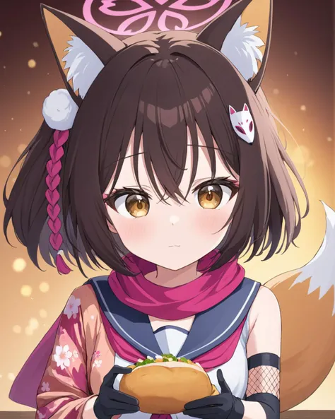 izuna (blue archive),1girl, halo, sweet_potato, eating, looking_at_viewer, partially_fingerless_gloves, holding_food, animal_ear_fluff, black_gloves, blush, fox_girl, solo_focus, pov, pink_scarf, sailor_collar, floral_print, pink_neckerchief, pom_pom_(clot...