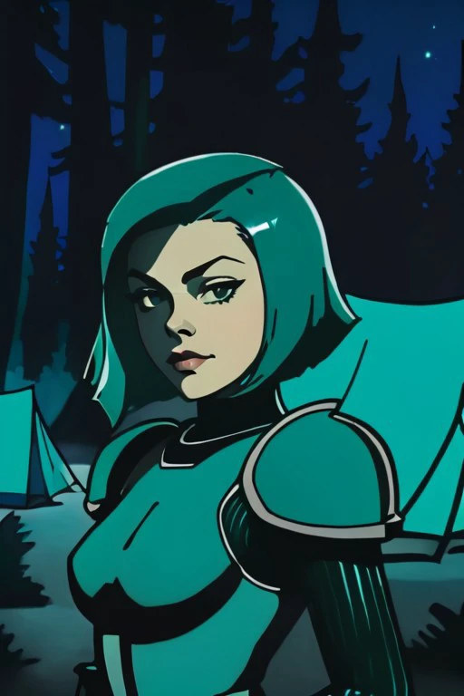 a cartoon image of a woman in a green outfit standing in front of a tent