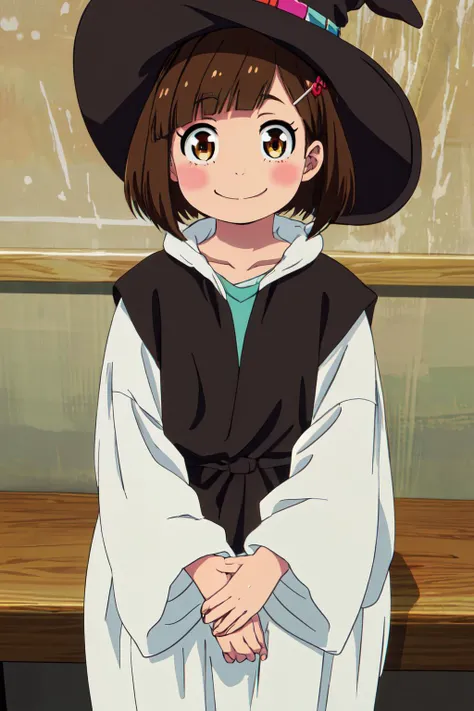 <lora:Miri_Unasaka:0.8>
brown hair, short hair, hair ornament, hairclip, anime coloring, 1girl, brown eyes, bob cut, witch outfit,
(best quality, masterpiece, RAW photo,ultra-detailed:1.2), <lyco:GoodHands-beta2:1.0>1GIRL,solo,looking at viewer,smile, :>,