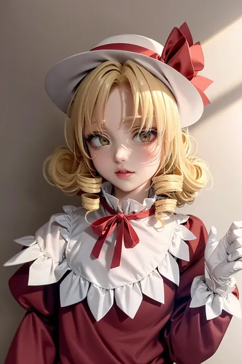 a close up of a doll with a hat and a dress