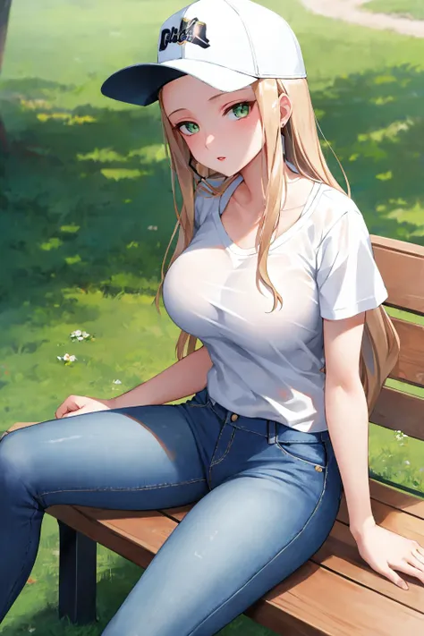 masterpiece, best quality,  <lora:oleana-nvwls-v1-000010:0.9> oleana, long hair, sidelocks, lipstick, white t-shirt, large breasts, baseball cap, jeans, sitting, outdoors, bench