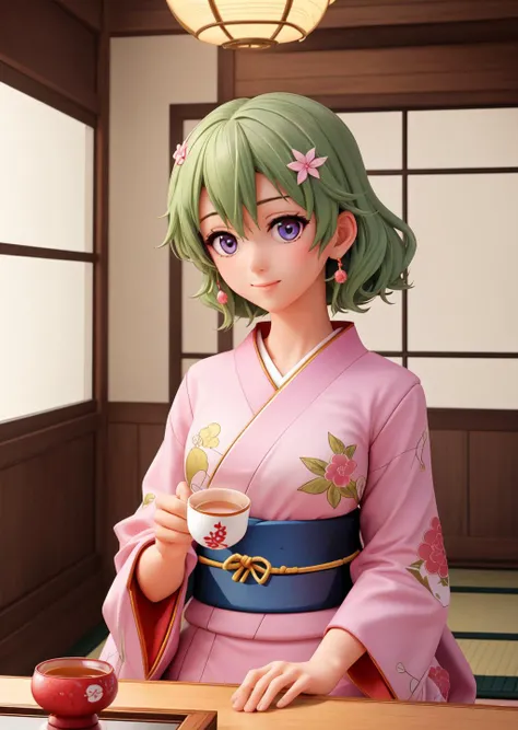 masterpiece:1.2, best quality, 1girl, musse egret, pink kimono, sash, ((front view)), looking at viewer, seiza, front view, room, tea ceremony, drinking tea, centered, upper body, extreme close up, <lora:musseegret-nvwls-v1-final:0.9>, ((smiling))