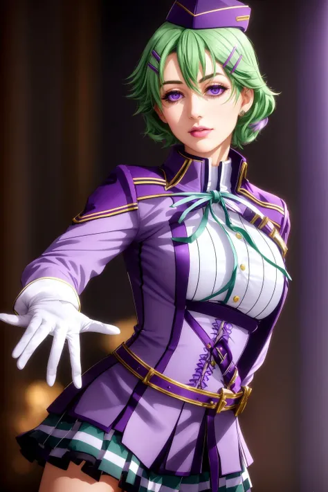 musse egret ,<lora:musseegret-nvwls-v2:1>, purple hat, hairclip, green ribbon, purple jacket, white gloves, belt, purple miniskirt, (sharp focus:1.2), portrait, ((posing)), (beautiful face:1.1), detailed eyes, luscious lips, ((skindentation)), (bright stud...