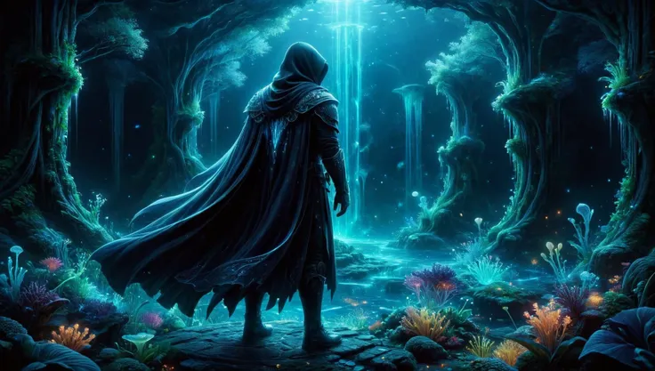 a man in a cloak stands in a dark forest with a light shining from the top