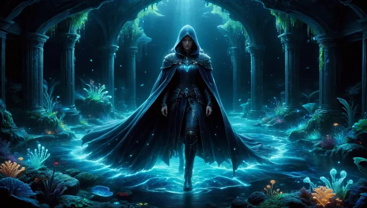 a woman in a cloak stands in a dark cave surrounded by water