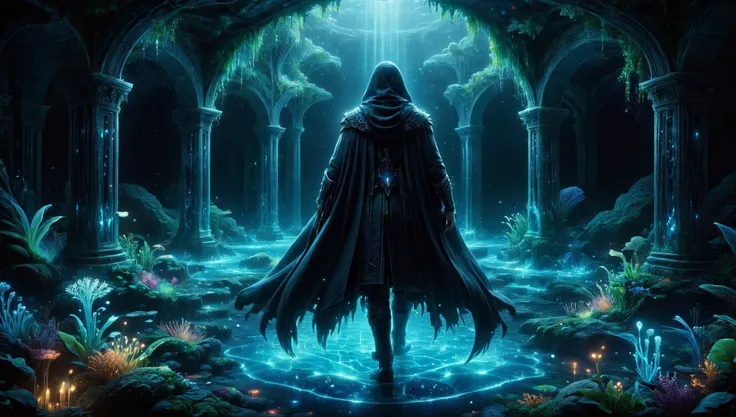 a man in a cloak standing in a dark cave surrounded by plants