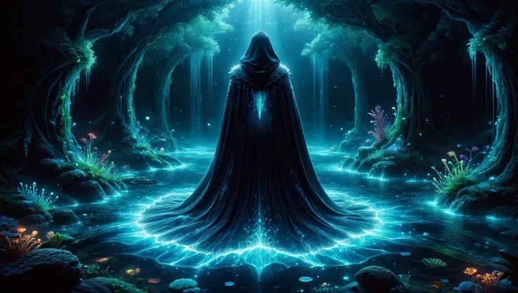 a woman in a cloak stands in a dark forest with glowing lights