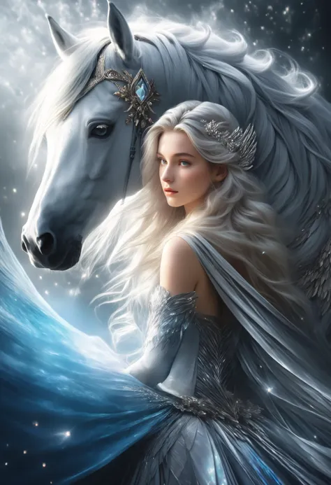 a woman in a blue dress is standing next to a white horse