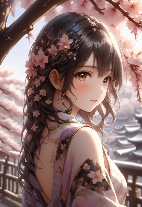 (high quality1.2), (masterpiece1.2), (detailed1.4), 32K UHD,"0" : "1girl, solo, cherry blossom, hanami, pink flower, white flower, spring season, wisteria, petals, flower, plum blossoms, outdoors, falling petals, black eyes, upper body, from left side,  na...