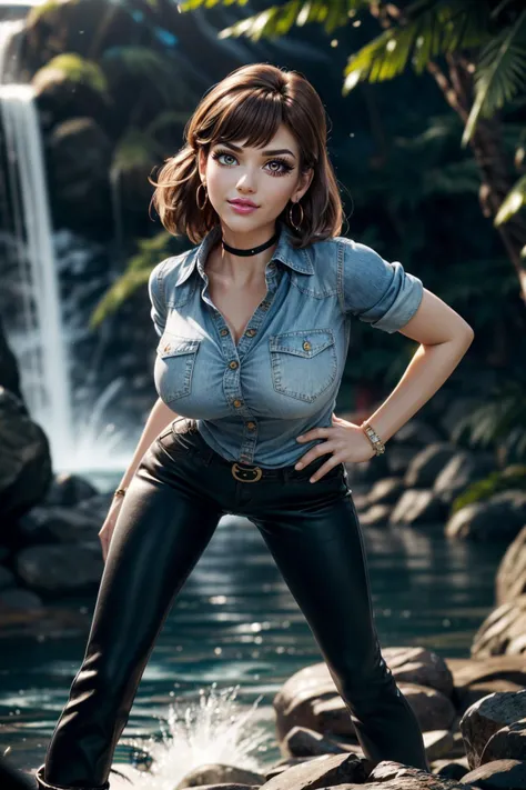 a woman in leather pants posing in front of a waterfall