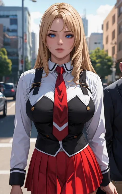 anime girl in uniform walking down the street with a man in a suit