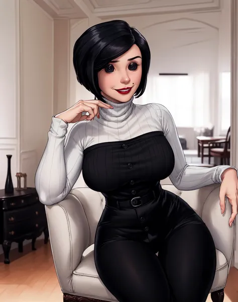 realistic, (masterpiece, best quality),(solo) ,(Milf), solo,mature female, othermotherv1 sitting on chair in living room, (beldambuttoned eyes:1.35), white turtleneck sweater, black hair, short hair, makeup, smiling, blushing, black pants, 
 <lyco:OtherMot...