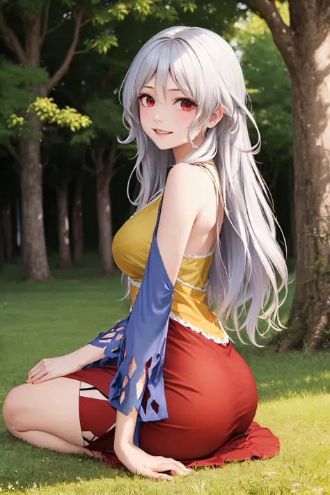 (masterpiece, best quality:1.2), solo, 1girl, sakata nemuno, smile, looking at viewer, seiza, grey hair, multicolored dress, single strap, detached sleeves, bare shoulders <lora:touhou_sakata:1.0>