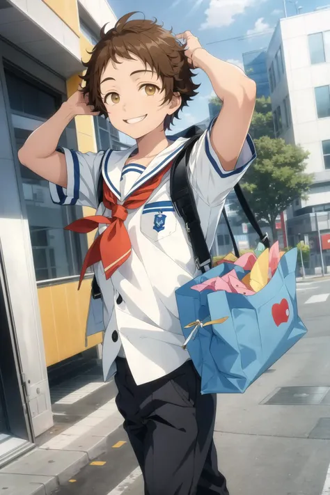 looking at viewer, dynamic angle,1boy, masterpiece, best quality,  <lora:MitsuruT-09:0.7> tenmaes, school uniform, sailor collar, (long pants:1.2), taking a bag, smile, happy, dynamic pose,