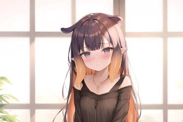 1girl, backlighting, bangle, bangs, bead_bracelet, ninoina, , black hair, orange hair, blush, bracelet, day, ear_piercing, earrings, eyebrows_visible_through_hair, from_side, indoors, jewelry, long_hair, looking_away,( looking_to_the_side), nose_blush, sol...