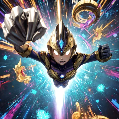 a close up of a person flying through a space filled with gold and blue