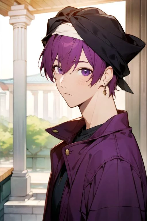 masterpiece, best quality, photorealistic, 1boy, solo, male focus, looking at viewer, , depth of field, <lora:souma_shiki:0.68>, souma_shiki, purple hair, purple eyes, , turban, The Shrine of the Lost, 4k resolution