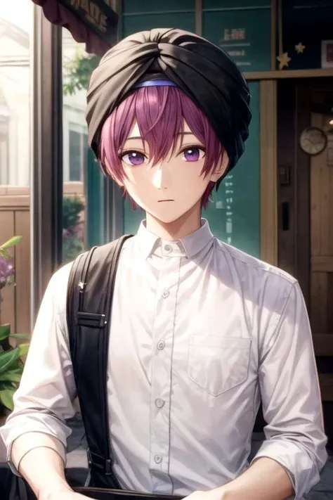 masterpiece, best quality, game cg, 1boy, solo, male focus, looking at viewer, upper body, , <lora:souma_shiki:0.66>, souma_shiki, purple hair, purple eyes, , turban, dieselpunk,