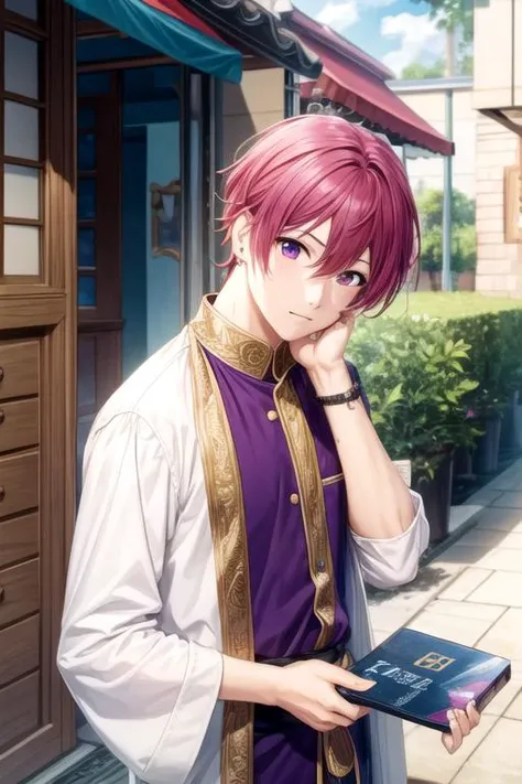 masterpiece, best quality, game cg, 1boy, solo, male focus, looking at viewer, , , <lora:souma_shiki:0.70>, souma_shiki, purple hair, purple eyes, greek costume, , Blu-ray