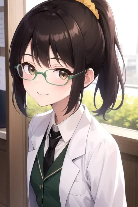 anime girl with glasses and a green tie standing in front of a window